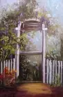 original floral oil painting, Wisteria Arbor , Flowers, White picket fence,