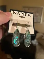 Signed NAPIER Shimmering Green Tear Drop Dangle Lucite Earrings - Silver Tone