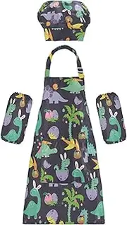 AIXIWAWA Kids Apron Chef Hat Set, Child Kitchen Bib Aprons Adjustable for Cooking Baking Painting (Playing Dinosaurs)