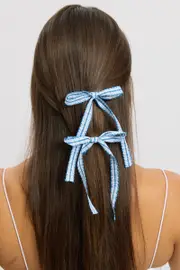 Blue 2 Pack Gingham Ribbon Hair Clips - Size ONE, Women's Hair Accessory