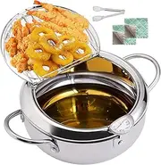 Deep Fryer Pot,304 Stainless Steel Tempura Frying Pot With Thermometer And Oil Drip Drainer Rack Lid for Turkey Legs, Chicken Wings, French Fries