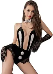 [DJG DIAL] Women Furry Bunny Girl Teddy Lingerie Set Fur Trim Backless Bodysuit Sexy Maid Cosplay Outfit Deep V Roleplay Anime Underwear