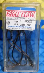 EAGLE CLAW FISH-HOOKS Size 3/0 Style 41R Worm Hook Bronze Finish 8 Count Box
