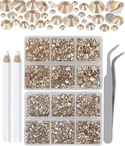 LPBeads 6000 Pieces Champagne Non Hotfix Rhinestones 6 Sizes Round Crystal Glass Flat Back Rhinestones with Tweezers and Picking Pen for Nail Art Crafts Clothes Bags DIY