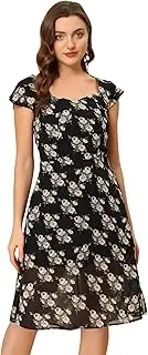 [Allegra K] Women's Smocked Sweetheart Cap Sleeve Cinched Floral Chiffon Midi Dress