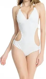 [Generic] Women One Piece Bathing Suit Slimming Lace Up Halter Neck Sexy Swimsuits Tummy Control Metal Buckle Deep V Neck Bikini