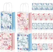 [hapurs] 12 PCS Mothers Day Gift Bags, Pink and Blue Happy Mother's Day Floral Gifts Bags, Mothers Day Party Favors Bags for Small Gifts, Paper Party Bag With Handles