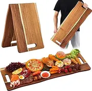 FoldTier Large Acacia Charcuterie Board with Handles 33 x 12 Inch Extra Large Wood Foldable Serving Tray Wood Rectangular Appetizers Cheese Food Meat Board for New Home Party Housewarming Gifts