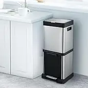 Maxkon 40L Dual Rubbish Bin Foot Pedal Garbage Bin Stainless Steel Recycle Waste Bin Push Button Trash Can for Kitchen Office Sliver 31x31x78cm