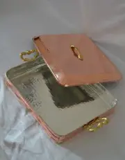 Copper Rectangular Hammered Serving Pot with Brass Handles and Lid Roaster Pan