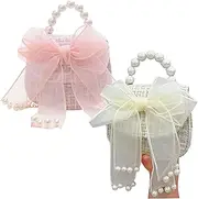 [Wedhapy] 2Pcs Kids Purse with Bowknot, 5x5x2" Girls Purse with Pearl Handle for Little Girls, Cute Fashion Princess Handbags, Detachable Gold Chain
