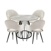 HomeStar 5Pc Dining Set Matilda Round Dining Table 110cm Faux Cement W/ 4Pc Luka Fabric Dining Chair Coconut