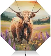 [RPLIFE] Travel Umbrella, Lightweight Durable Automatic Open/close Umbrella for Women, Travel Umbrellas for Rain, Wind and Sun, Brown Highland Cow