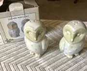 Cracker Barrel 3” Stoneware Owls Salt & Pepper Set Contemporary White & Taupe