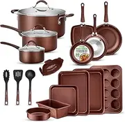 NutriChef Kitchenware Pots & Pans High-Qualified Basic Kitchen Cookware, Non-Stick (20-Piece Set), One Size, Brown