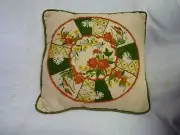 Hand Crafted Needlework Pillow Orange and Green Floral Design