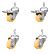 3 Inch SS Yellow Poly 3/8 Inch Threaded Stem Caster Set 2 Brake