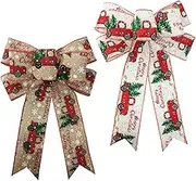 MOIHSING 2 Pcs Christmas Wreath Bows 9x13.8 Inch, Merry Christmas Ribbon Bow Tree Topper, Farmhouse Holiday Xmas Hanging Decoration for Home Decor, DIY