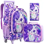3 Piece Girls Rolling Backpack Set With Glow In The Dark Cat Design