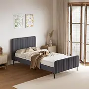 Oikiture King Single Bed Frame with Velvet Fabric and Solid Slats Mattress Platform Bed Base Grey
