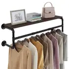 Versatile Industrial Pipe Wall Clothes Garment Rack w/ Shelf Hanging Hooks Brown