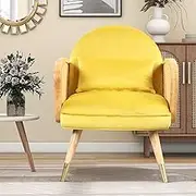 SPOFLYINN Foam Upholstered Back Rest Seat Armrest Accent Rattan Chair with Metal Legs Mid Century Armchair for Restaurants Living Kitchen Dining Room Office Yellow As Shown One Size