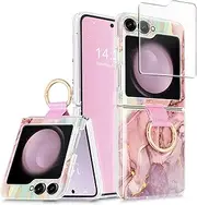 Vowodu Marble Case for Samsung Galaxy Z Flip 6 with Ring, Precise Camera Protection, 1*Screen Protector, Wireless Charging, Anti-Scratch, Shockproof (Pink Marble)