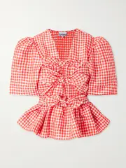 [GANNI] GANNI - Bow-detailed Gingham Crinkled-taffeta Peplum Blouse - Red - EU 38 EU 38 Red