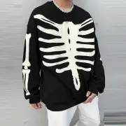INCERUN Mens Skeleton Print Color Block Long Sleeve Hoodie Fashion Loose Fit Crew Neck Fall Top for Male S 5XL