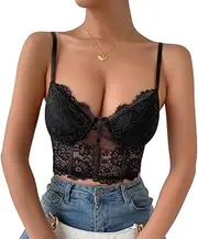 [Generic] Lace Corset Top Bustier Tops for Women Spaghetti Adjustable Strap Sheer Crop Bralette