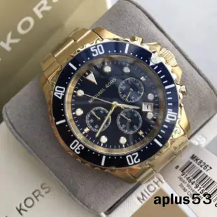 outlet MICHAEL KORS手錶 MK8267水鬼系列三眼計時金色不銹鋼錶帶腕錶/男錶/藍+金/45mm