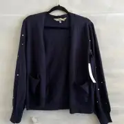 Chloe and Jasmine Women’s Size M Navy Blue Pearl Sleeve Open Front Cardigan READ