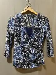 NWT TAHARI Women 3/4 Sleeve Surplice V-Neck Mesh Top Detachable Cami Size S Navy