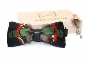 Elegant Black Green Pheasant Feather Bow Tie & Lapel Pin Set - Handcrafted