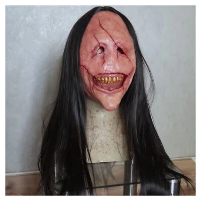 Halloween Scary Long Hair Demon Mask Face Exposed Teeth Latex Horror Masks Props