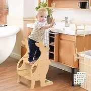 Wooden Kitchen Step Stool Helper for Bathroom Sink, Adjustable 2 in 1 Toddler Tower with Safety Rail and Anti-Slip Steps, Kids Learning Standing Tower for Counter, Toilet Potty Training (Natural)