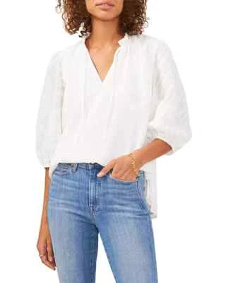 Vince Camuto Summer Heat Textured Tie Neck Peasant top Ivory 3/4 sleeve NWT XS