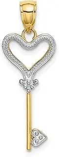 [JewelryWeb] 10mm 14ct With Rhodium Love Heart Pendant Necklace Topped Key W Rhod and Textured