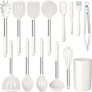 TeamFar Cooking Utensils Set, 14 PCS Silicone Kitchen Utensils with Stainless Steel Handle, Soup Ladle Spatula Spoon Turner for Nonstick Cookware, Healthy & Heatproof, Nonstick & Easy Clean, White