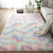White Fluffy Hall Carpet Living Room Bedroom Home Decor Large Mats Thickened Non-Slip Girl Children's Room Pink Furry Rug,Rainbow,140x200cm 55x78inch