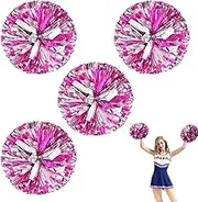 IONPSHG 4Pcs Cheerleader Pompoms Metallic Foil Cheer Poms Hand Flower Pompoms with Baton Handle Cheering Squad Pompoms Handheld Cheerleader Pompom Plastic Ring Pompom for Team Spirit Sports Dance