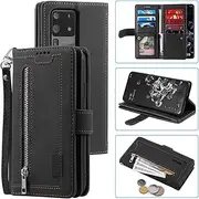 [UEEBAI] Wallet Case for Samsung Galaxy S21 Ultra 5G, Retro 9 Card Holder Slots Zipper Pocket PU Leather Handbag Cover Magnetic Closure Kickstand with Wrist Strap TPU Shockproof Flip Case - Black