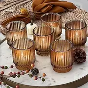 Kate Aspen Vintage Ribbed Amber Glass Tealight & Votive Candle Holders (Set of 6), Fall Decor, Boho Decor, Shelf Decoration (27206AB)