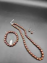 HSN Baroque Pearl Necklace Bracelet Earring Set Dyed Bronze Brown