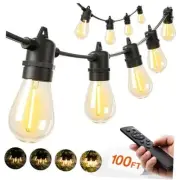 100FT LED Outdoor String Lights, Remote Dimmable Patio Lights with Timer & 3
