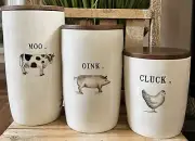 Rae Dunn “CLUCK, OINK, MOO” Farm Line Chicken Pig Cow Cellar Canister Set Of 3
