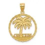 14k Yellow Gold Cancun Word on Palm Tree Inside Nickel Size Charm Pendant