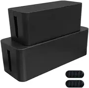 Cable Management Box, 2 Boxes with Free 2X Cable Clip, Power Board Organizer, Desk Computer, USB, TV Hub Cable Holder, Wire Tidy Box, Secure Powerboard Protector with Child|Pet Safety Lock (Black)
