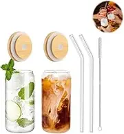 2Pack Glass Cups，Bamboo Lids Drinking Glasses Set，Glass Can Coffee Cup（16oz，with Lids & Straws）