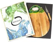 Charcuterie Board, Large Wooden Cutting Board, 40cm x 30cm Acacia Wood, Cutting Board, Serving Platter, Cheese Board and Knife Set in Gift Box, Teardrop Shape, Epoxy Resin Forest Themed